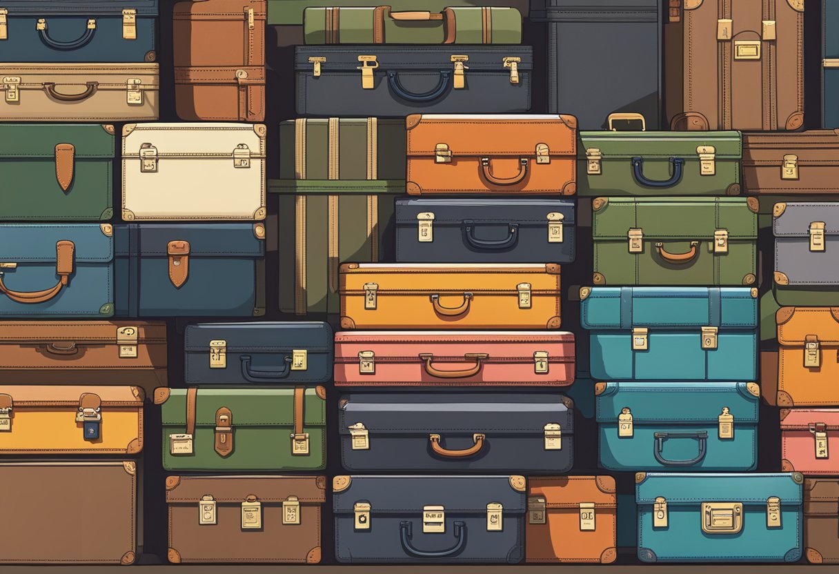 A stack of high-quality used briefcases displayed in a well-lit, organized secondhand store. Labels indicate brand names and prices, while a sign advertises the benefits of buying used