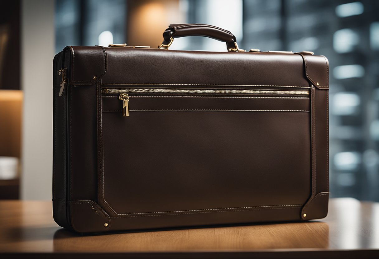 A briefcase with positive customer reviews and a strong brand reputation, priced under $100, displayed prominently on a clean, modern background