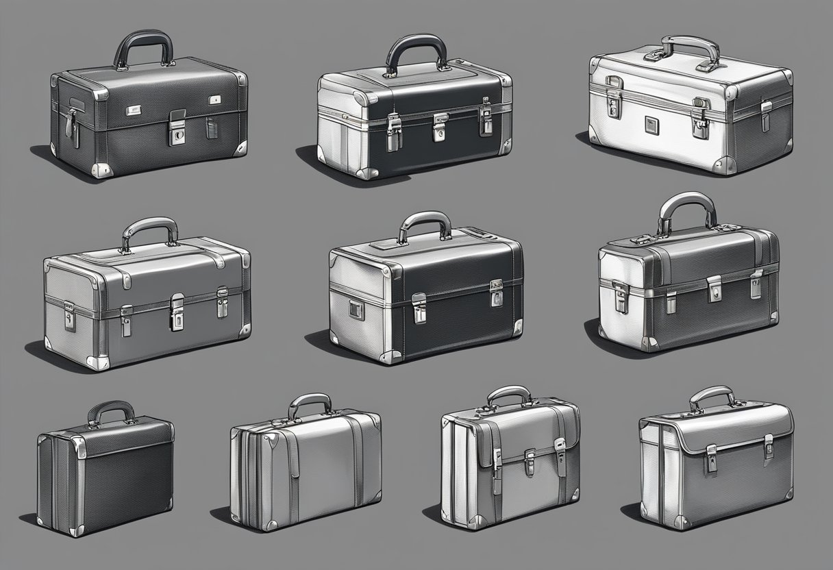 Various briefcases displayed on digital platforms, with clear product images and detailed descriptions. Reviews and ratings visible, showcasing the quality of the used items