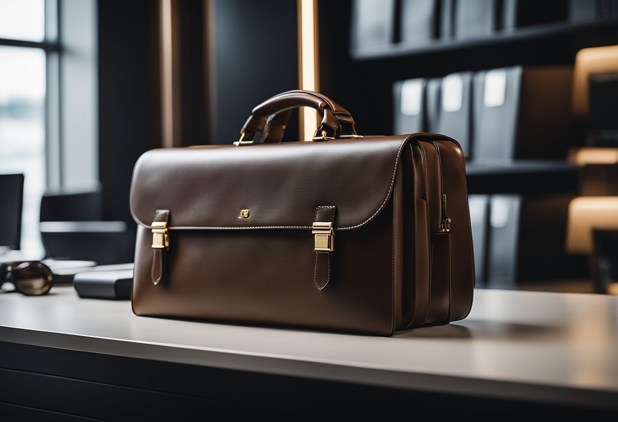 A sleek, modern briefcase sits on a clean, minimalist desk, with the price tag prominently displayed. It exudes professionalism and quality, perfect for the budget-conscious professional
