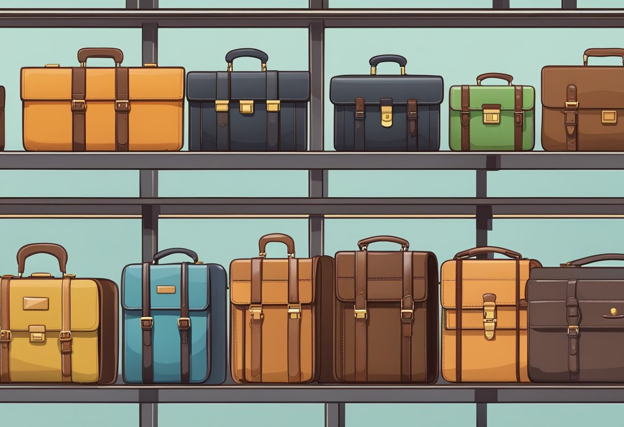 A row of specialty stores displaying high-quality used briefcases. Brightly lit and neatly organized, the shelves are filled with a variety of styles and colors
