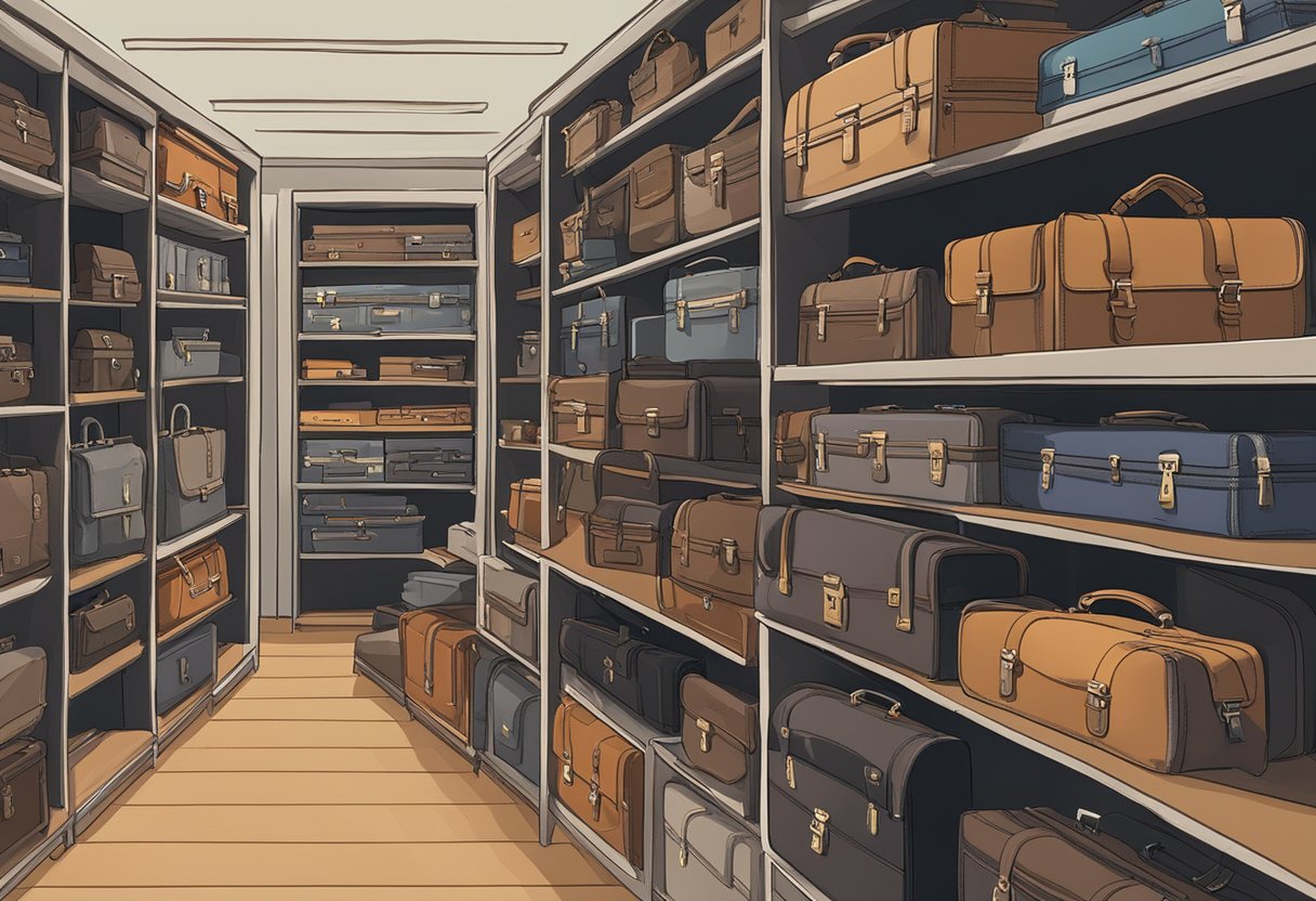 A variety of used briefcases displayed on shelves in a well-lit store with signage indicating "Local Options for Quality Used Briefcases."