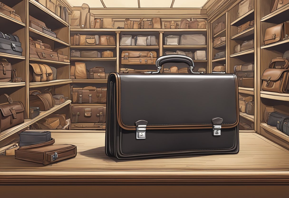A hand reaches for a used leather briefcase at a vintage store, examining its quality and craftsmanship. Shelves are lined with various styles, showcasing the range of options available for purchase