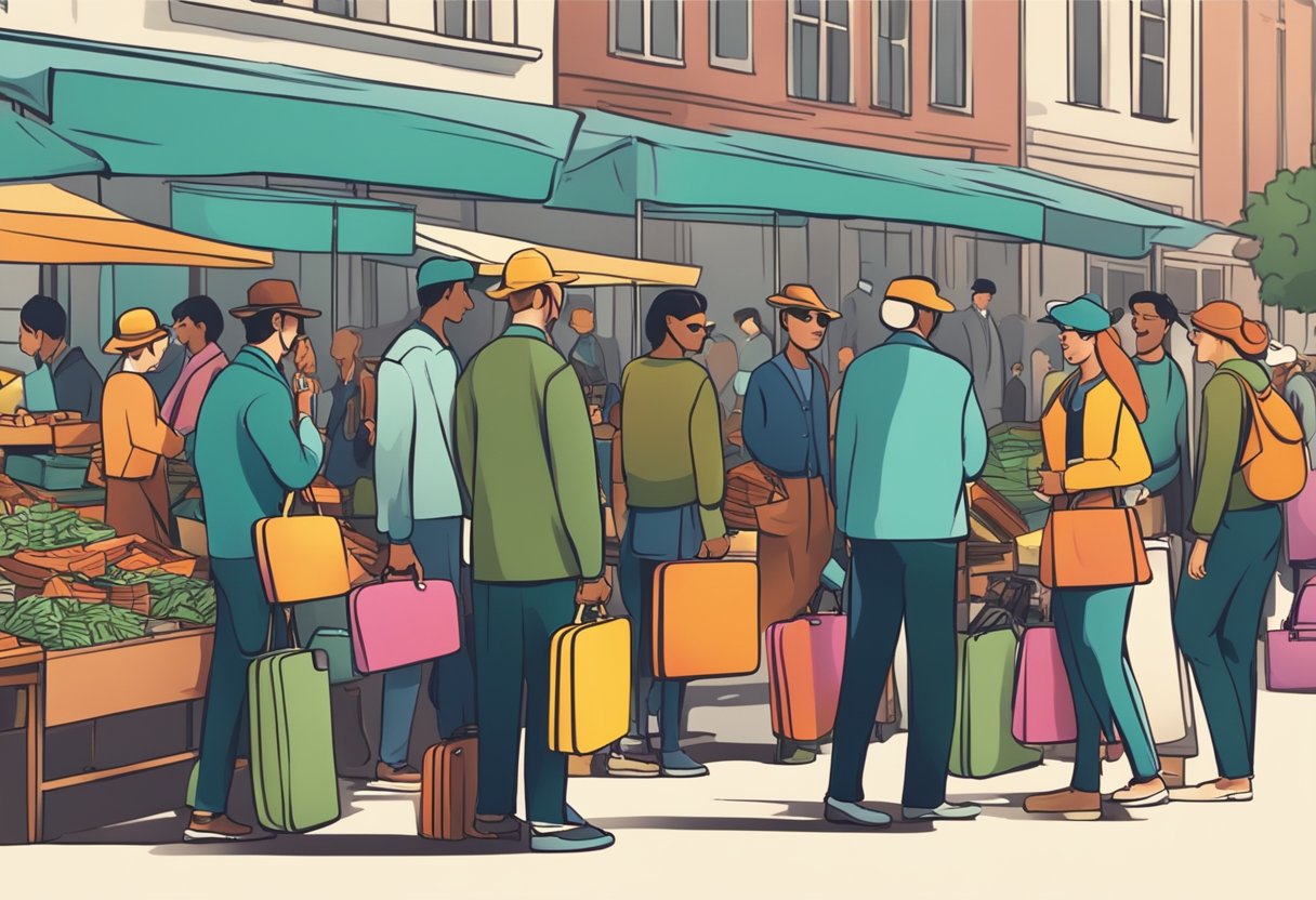 A group of people discussing prices and examining used briefcases at a market or outdoor vendor