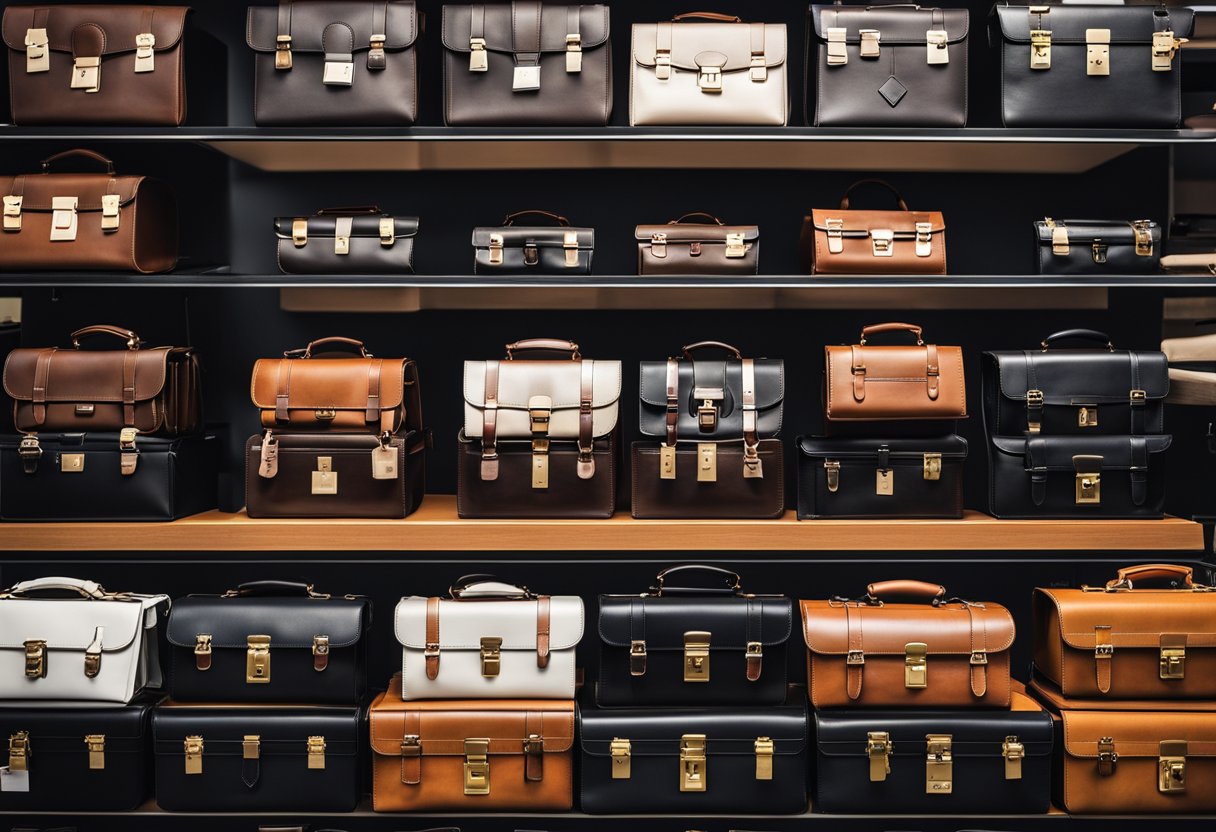 A display of briefcases in a store, with price tags indicating "under $100". Various styles and colors are neatly arranged on shelves