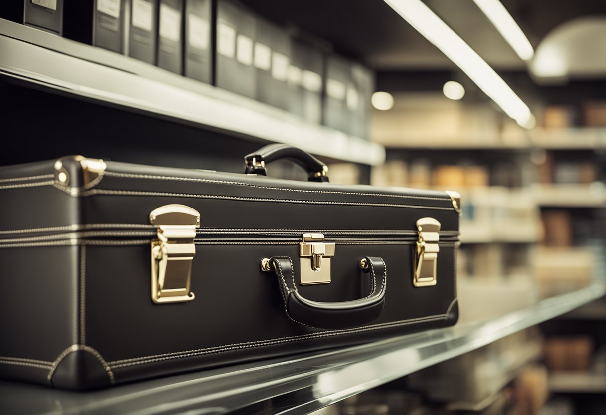A briefcase with a "Warranty and Return Policies" label, priced under $100, displayed on a shelf in a store