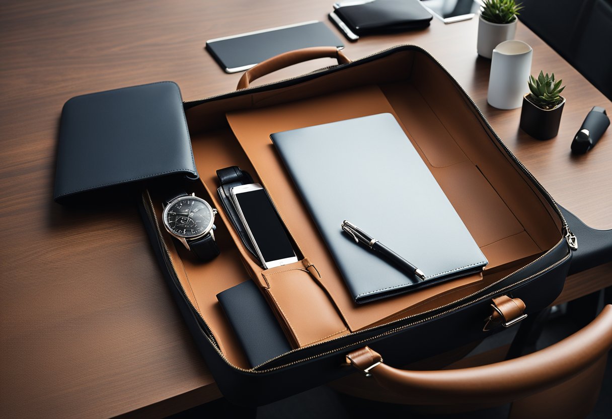 A sleek, modern briefcase sits on a clean, minimalist desk. The briefcase is open, revealing organized compartments and pockets for storage. The overall aesthetic is professional and stylish, perfect for a professional on the go
