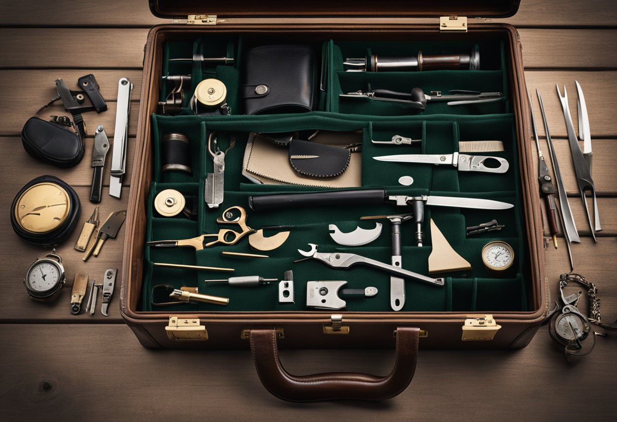 A vintage Hartmann briefcase laid open, revealing a broken zipper. A small repair kit and tools are scattered nearby, ready for use