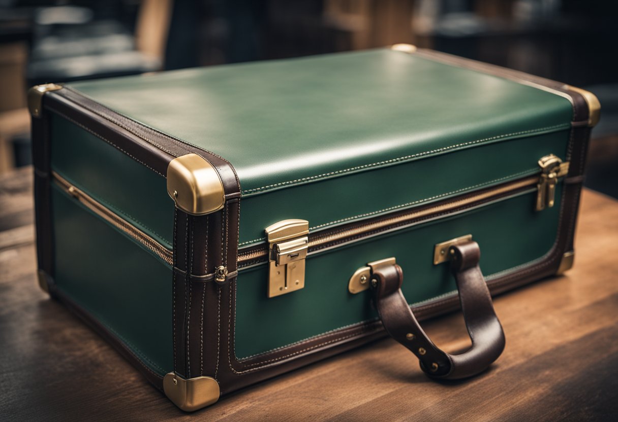 An open vintage Hartmann briefcase with exposed zipper mechanics for repair