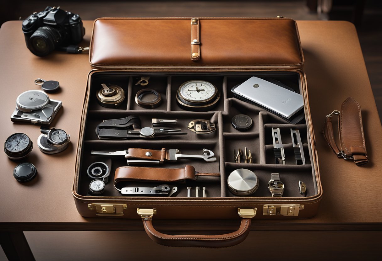 A vintage Hartmann briefcase sits open on a table, with a zipper partially detached. Tools and replacement zipper parts are laid out nearby
