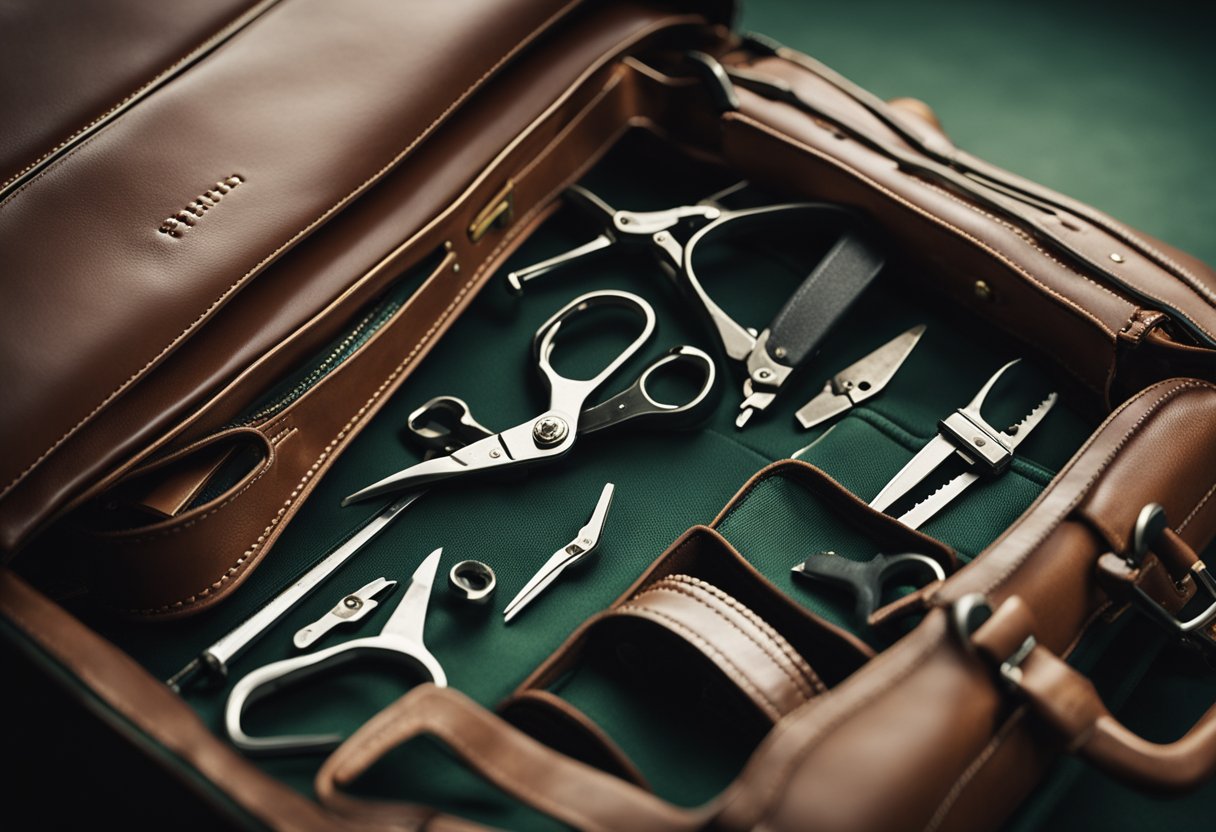 An open vintage Hartmann briefcase with a broken zipper, a zipper puller, and a pair of pliers on a flat surface