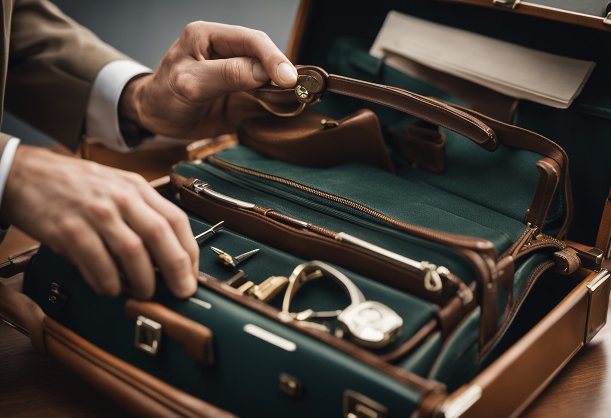 A hand reaches for a vintage Hartmann briefcase, carefully repairing the zipper with precision tools