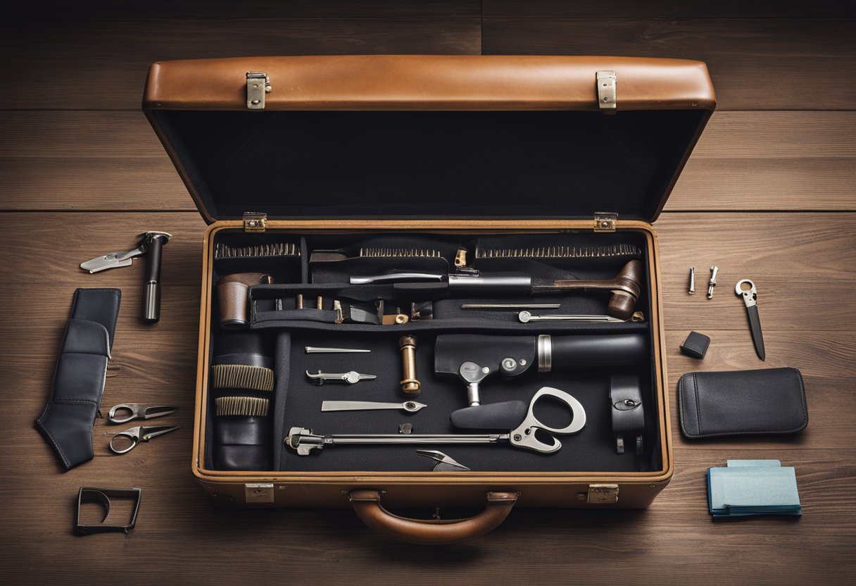 A vintage Hartmann briefcase lays open, displaying a broken zipper. A repair kit and tools are nearby, ready for preventive maintenance
