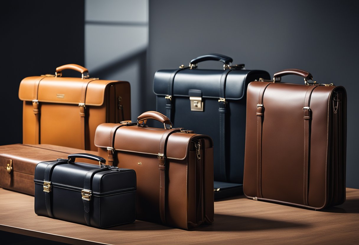 Top-rated briefcase brands displayed side by side, with sleek designs and professional colors. Brand logos and features highlighted for easy comparison