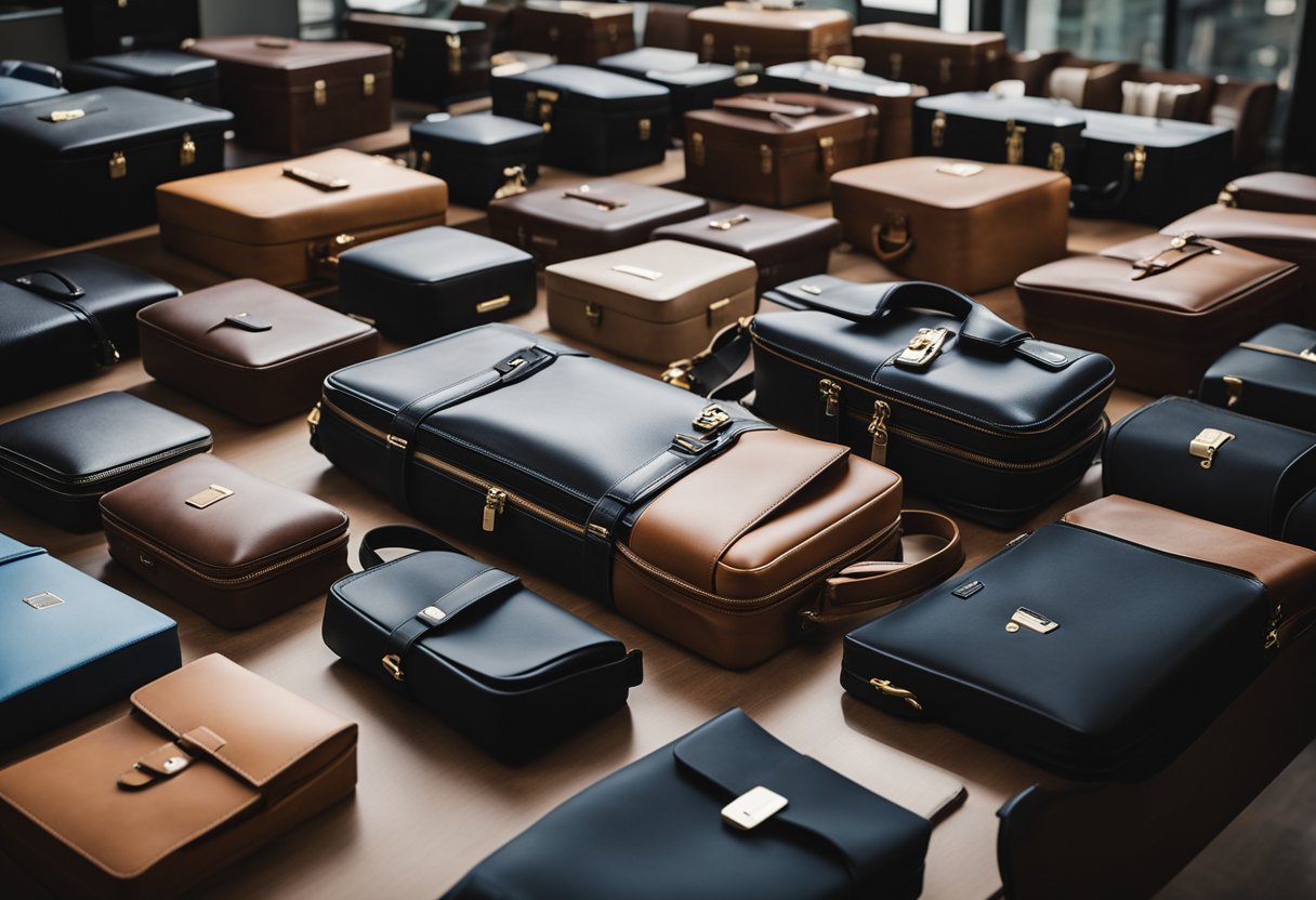 A table with various briefcases from top brands, logos visible
