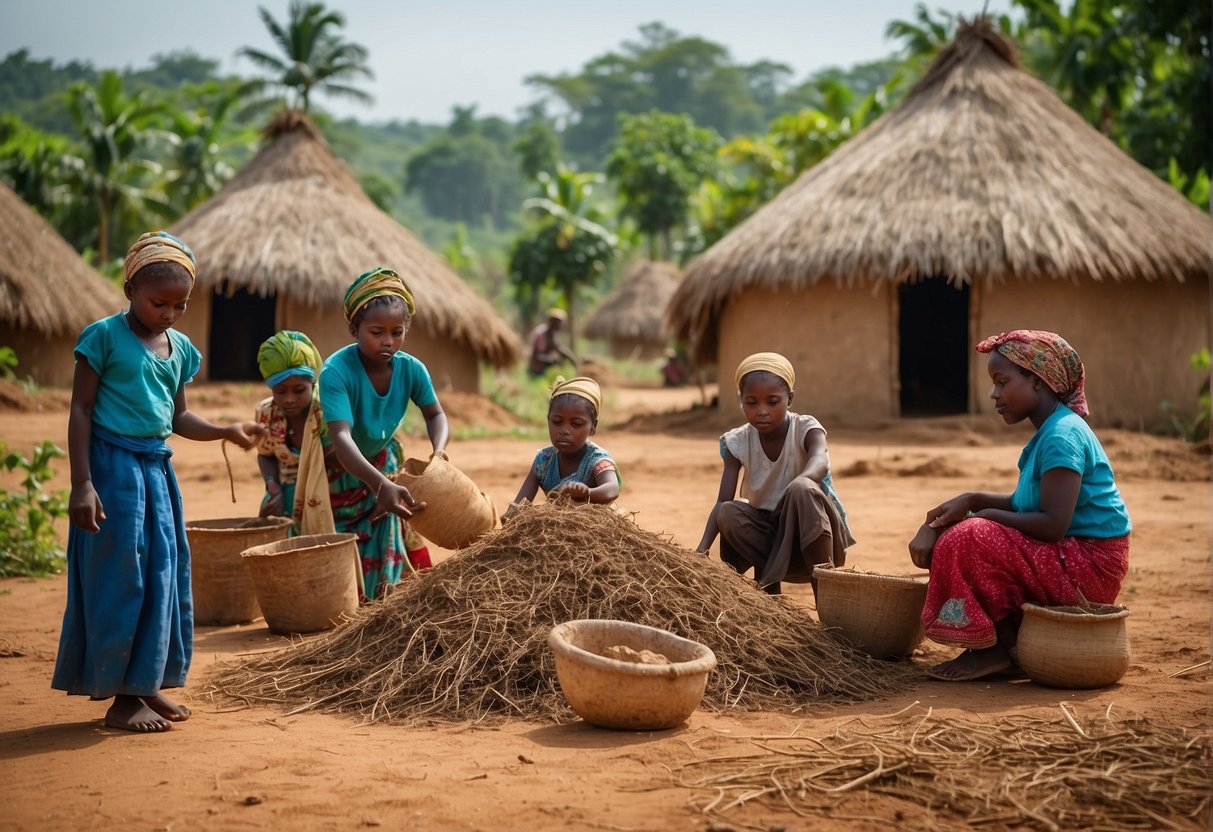 A traditional Angolan village with women harvesting and processing cassava, while children play and men build huts. The scene is set against a backdrop of lush greenery and a vibrant blue sky