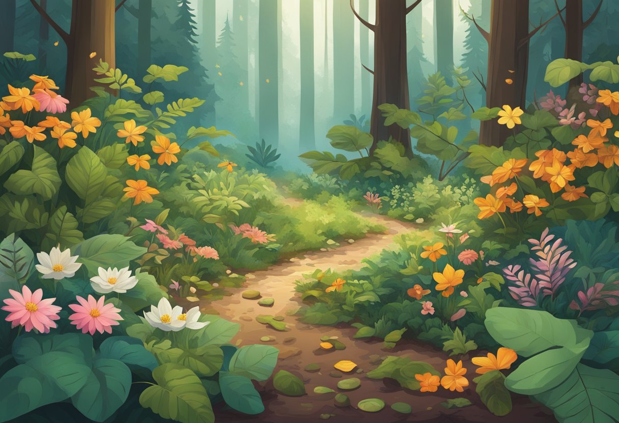 A variety of leaves and flowers scattered across the forest floor, showcasing different shapes, sizes, and colors, creating a mesmerizing display of nature's beauty