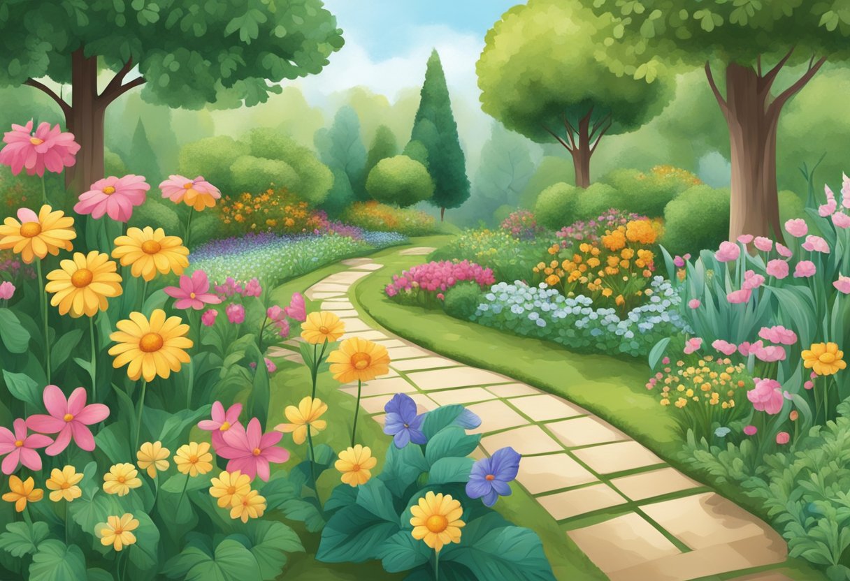 A garden scene with flowers and leaves, showcasing counting and math in nature