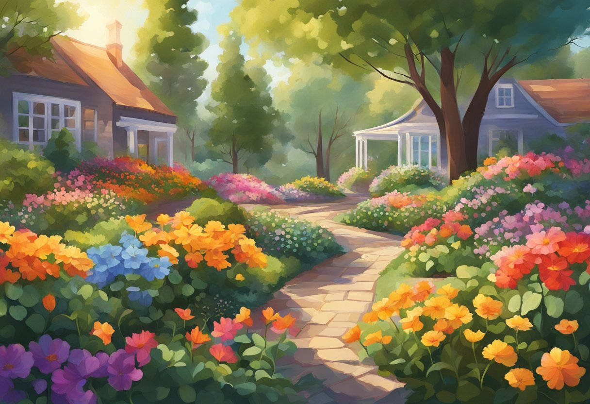 Bright sunlit garden, vibrant flowers with varying petal counts, scattered leaves on the ground