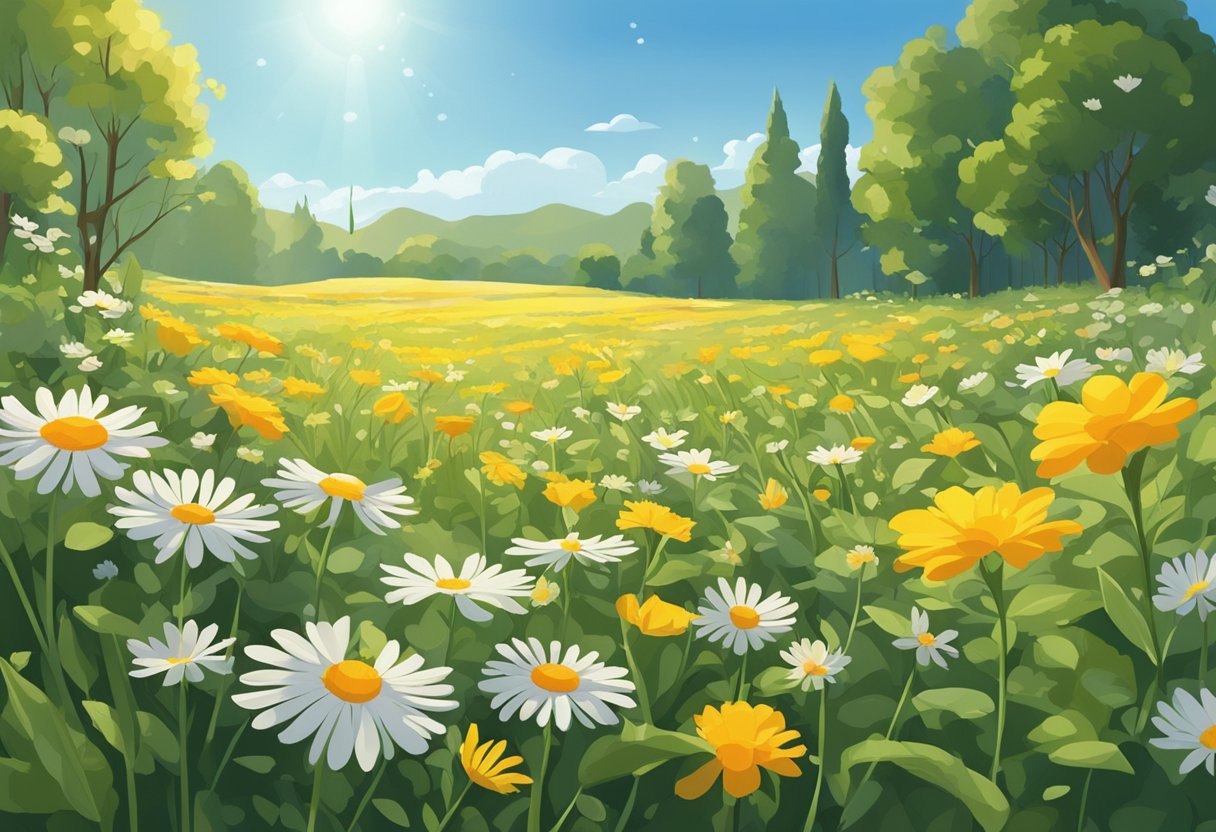 A field of wildflowers with varying numbers of petals and leaves scattered across the ground. The sun shines down, casting shadows and highlighting the natural beauty of the scene