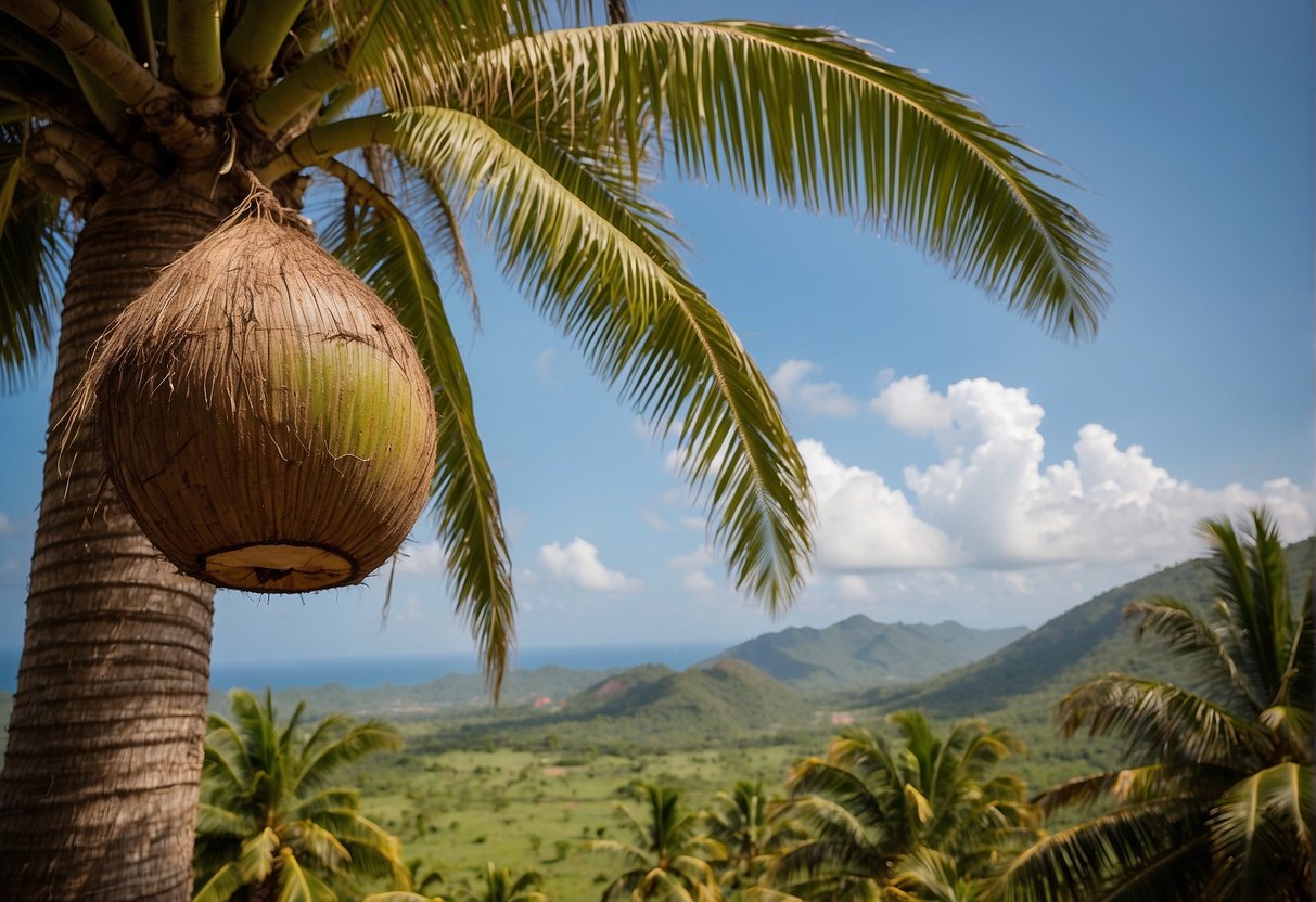 A coconut tree stands tall against a vibrant Angolan landscape, with lush greenery and a clear blue sky. Coconuts hang from the tree, showcasing their nutritional value and benefits in Angola