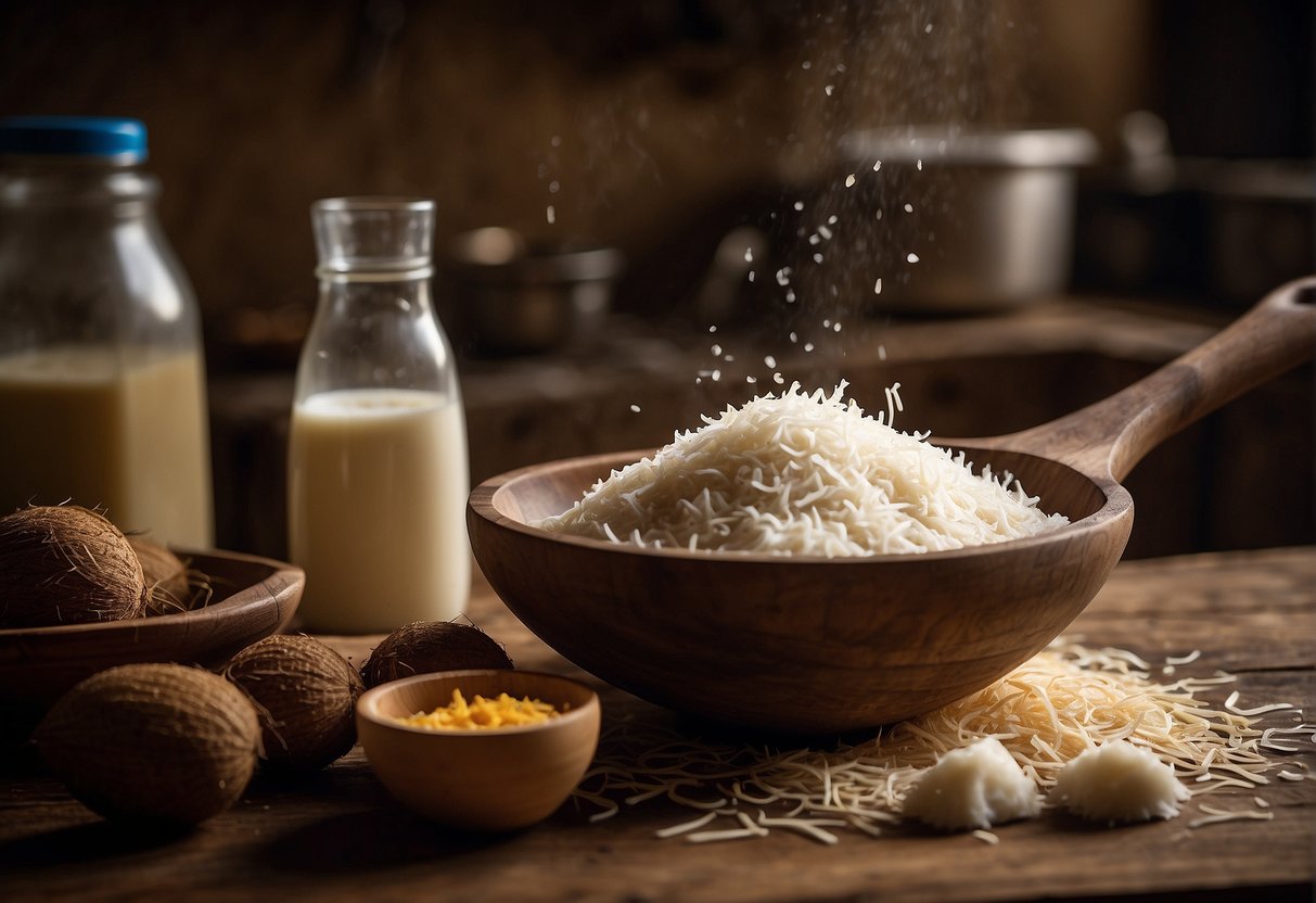 A traditional Angolan kitchen with coconut being grated and its milk extracted, showcasing its culinary uses and health benefits