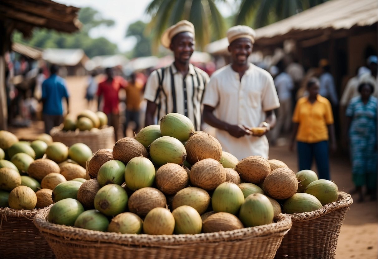 A vibrant marketplace with locals selling coconuts and coconut-based products in Angola, showcasing the cultural and economic significance of the coconut in the region