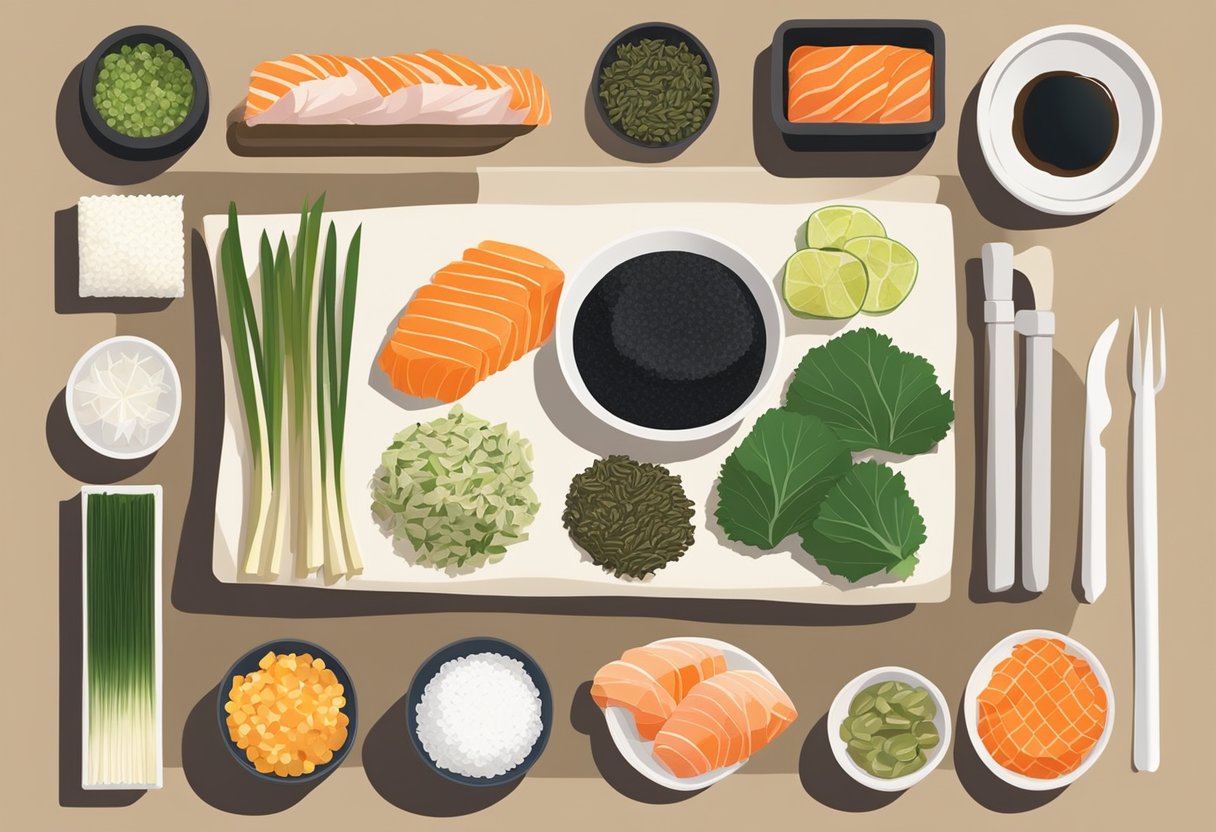 Fresh ingredients laid out on a clean, organized kitchen counter. Sushi rolling mat, nori seaweed sheets, rice, and various fillings ready for assembly