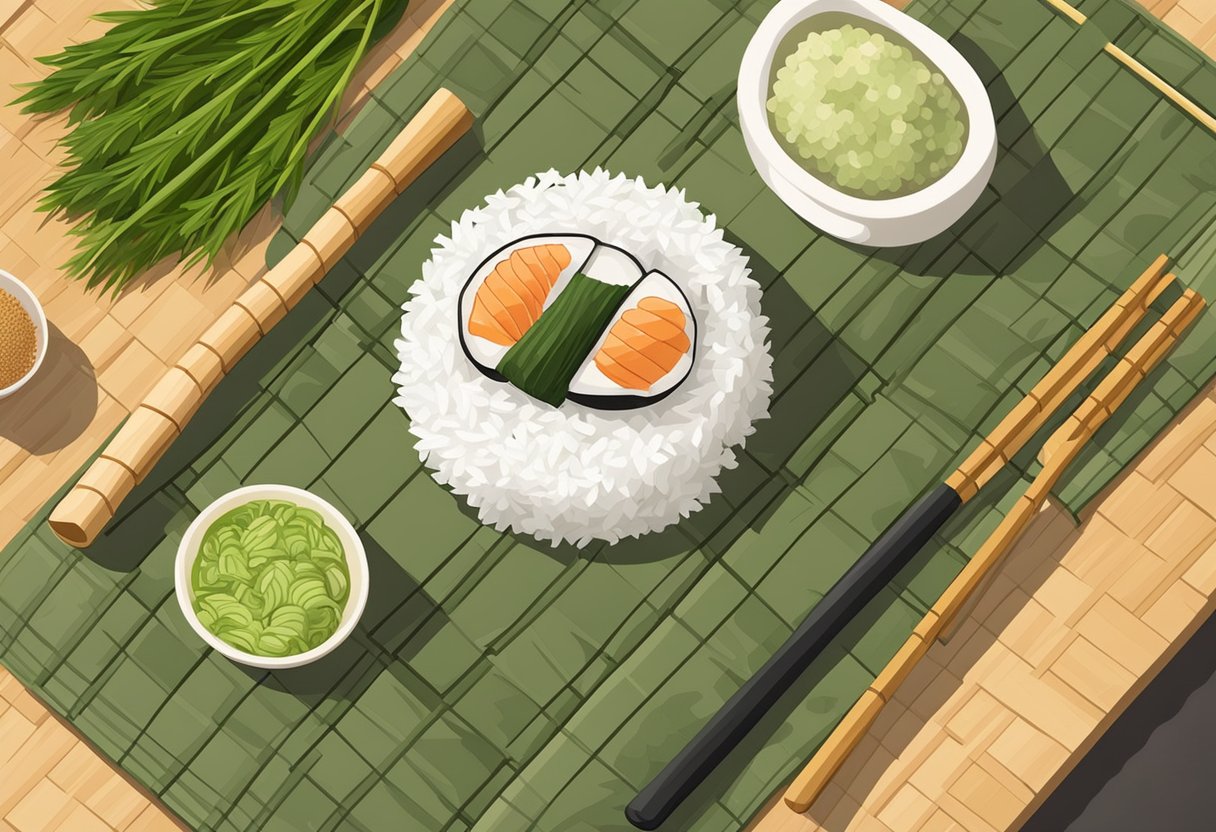 A bamboo sushi rolling mat lays flat on a kitchen counter, surrounded by nori seaweed sheets, rice, sliced vegetables, and fresh fish