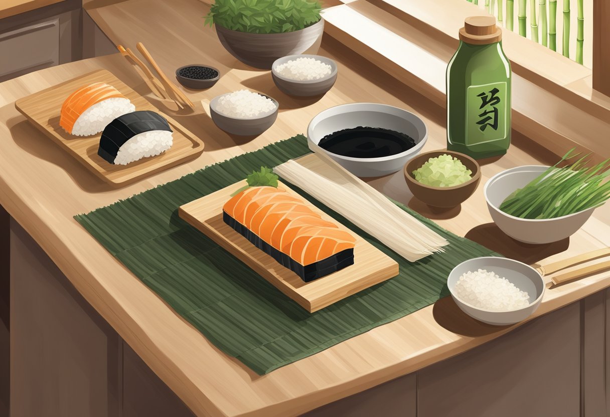 A bamboo sushi rolling mat, nori seaweed sheets, sushi rice, rice vinegar, and a sharp knife are laid out on a clean kitchen counter