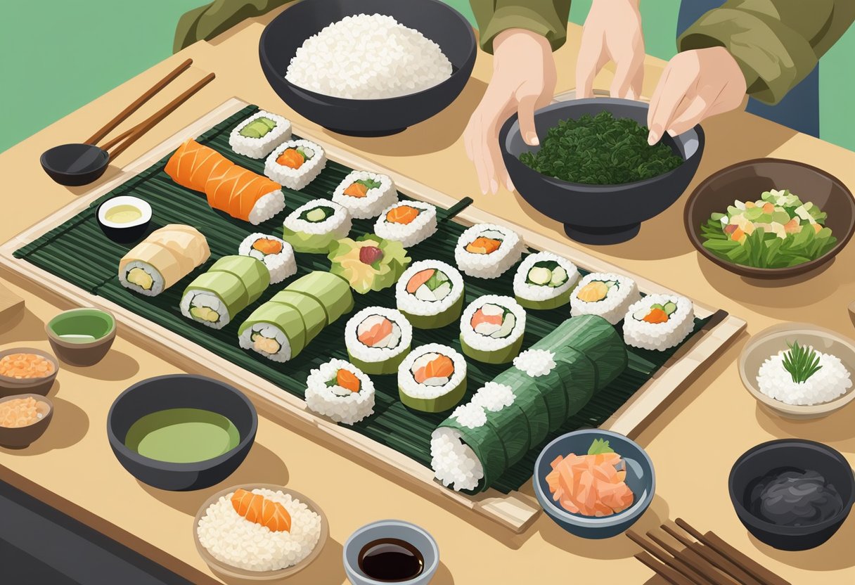 A bamboo sushi rolling mat lies on a clean countertop, surrounded by bowls of rice, seaweed, and various fillings. Ingredients are being carefully assembled and rolled into perfect sushi rolls