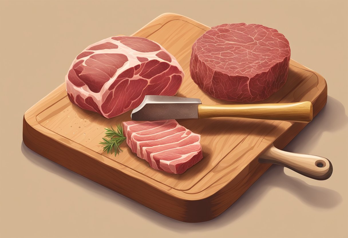 Meat being pounded with a meat mallet on a cutting board