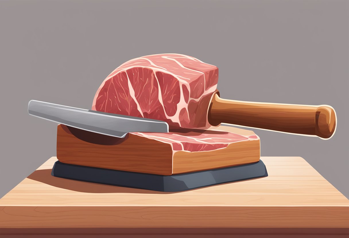 Meat being pounded by a meat mallet on a cutting board