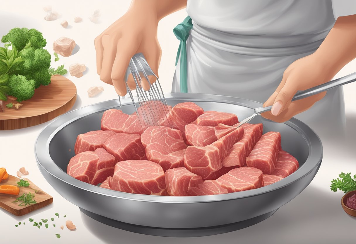 Meat being tenderized by enzymatic techniques in a bowl