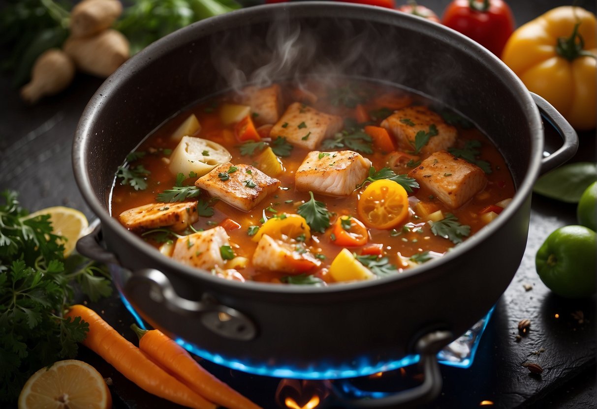 A pot bubbling over an open flame, filled with a rich and aromatic fish stew, surrounded by colorful spices and fresh vegetables