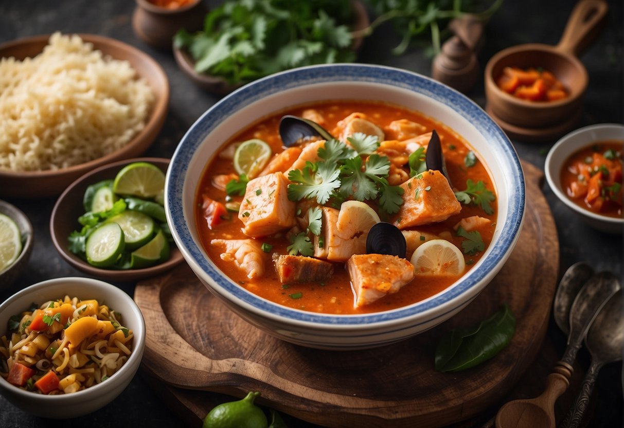 A colorful bowl of Calulu de Peixe, a traditional Angolan fish stew, surrounded by various side dishes and variations