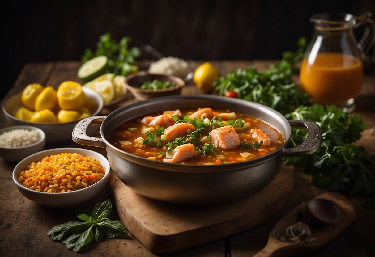 Nutritional information and benefits of Calulu de Peixe, a typical Angolan dish, are displayed with various fresh ingredients and a steaming pot