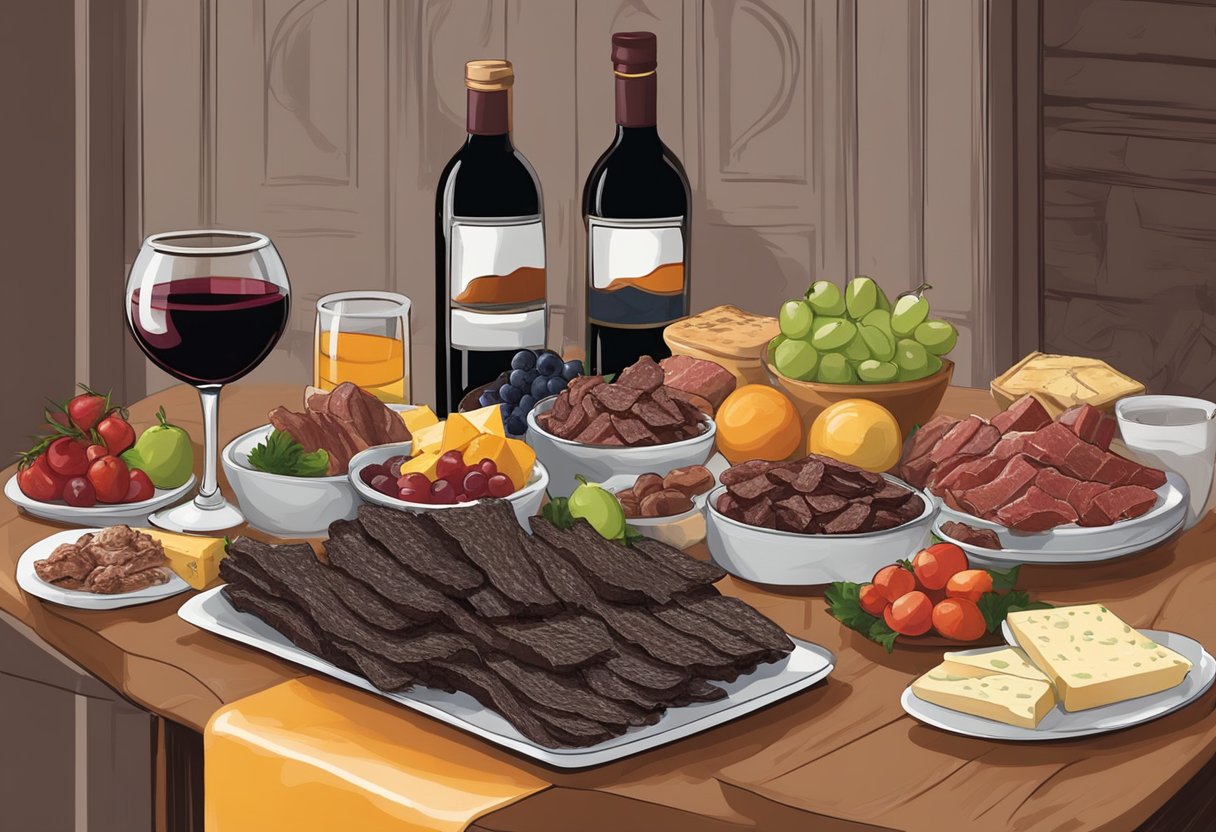 A table displays biltong and beef jerky with assorted fruit, cheese, and wine. A chef prepares to pair the meats with complementary flavors