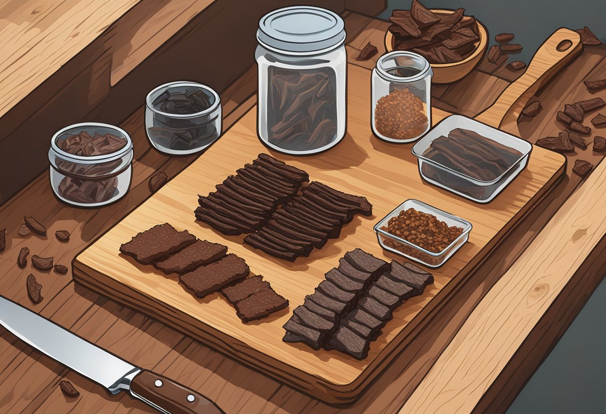 A wooden cutting board displays biltong and beef jerky in separate airtight containers. The biltong is hanging from hooks, while the beef jerky is neatly stacked in rows