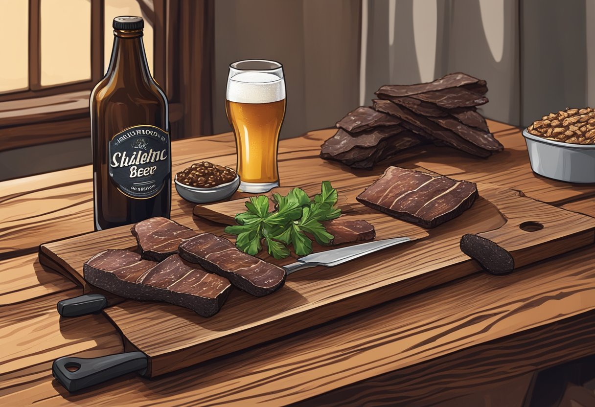 A rustic wooden table with assorted biltong in Gauteng, South Africa. A traditional biltong slicer and a bottle of local craft beer complete the scene