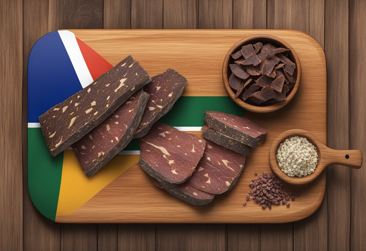 A display of various biltong cuts and flavors arranged on a wooden cutting board, with rustic packaging and a South African flag in the background