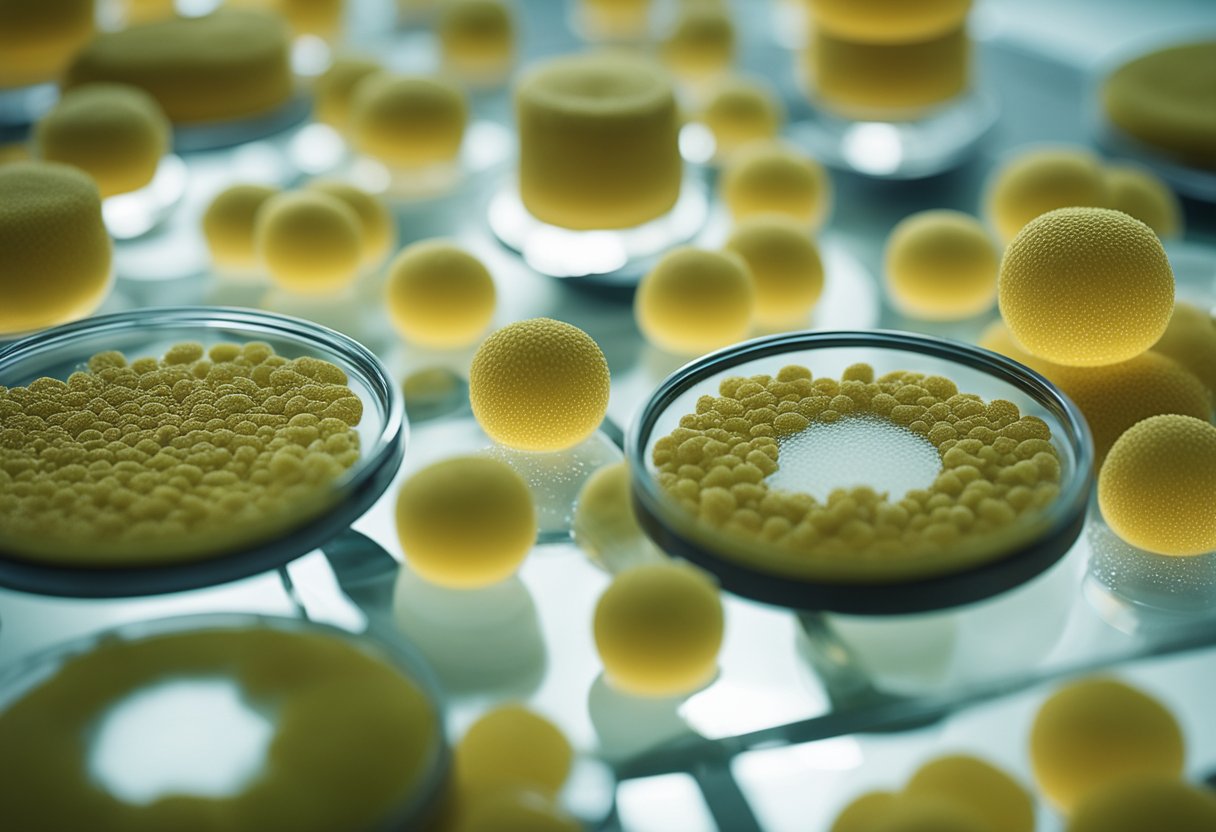 A petri dish with C. difficile colonies growing on agar, surrounded by lab equipment and a microscope