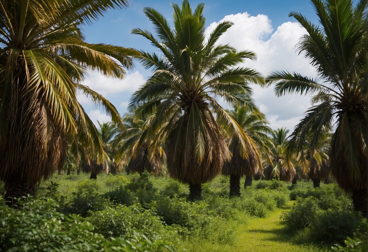 A lush Angolan landscape with palm trees bearing clusters of oil palm beans, under a bright blue sky