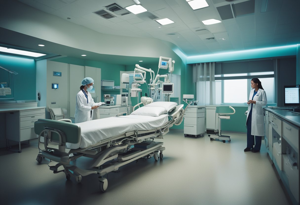 A hospital room with medical equipment and a patient's bed, a nurse administering antibiotics, and a doctor discussing treatment options