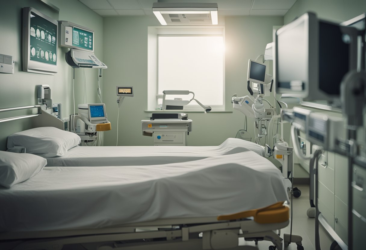 A hospital room with a patient's bed, medical equipment, and a sign reading "Frequently Asked Questions Clostridioides difficile infections" on the wall