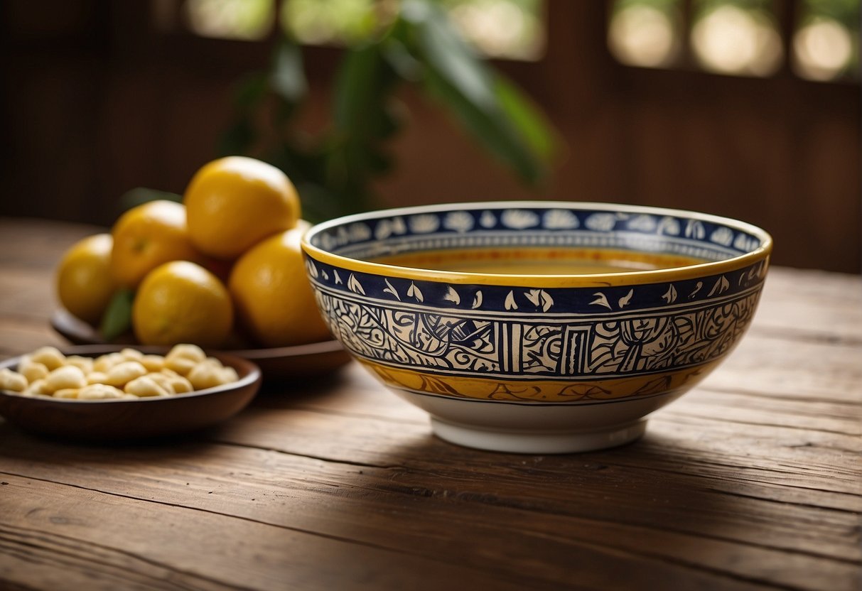 A bowl of Feijão de Óleo de Palma sits on a rustic wooden table, with a backdrop of traditional Angolan patterns and colors