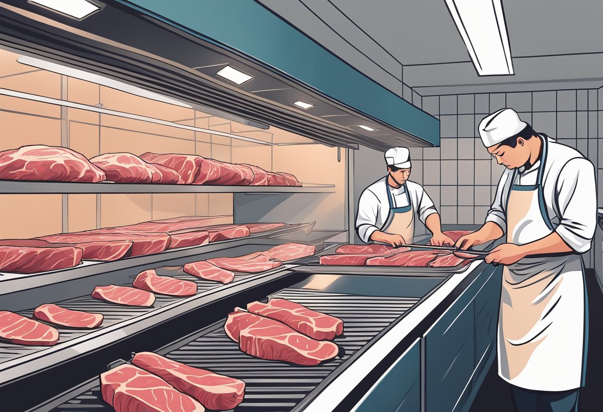 A butcher carefully selects prime cuts of beef, expertly trimming and seasoning them before hanging to dry in a clean, well-ventilated room