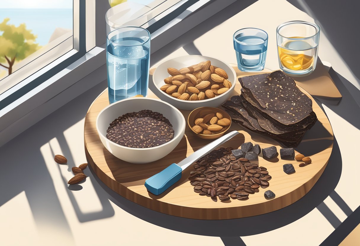 A table with assorted biltong cuts, a bowl of nuts, and a glass of water. A scale and measuring tape nearby. Sunshine through a window