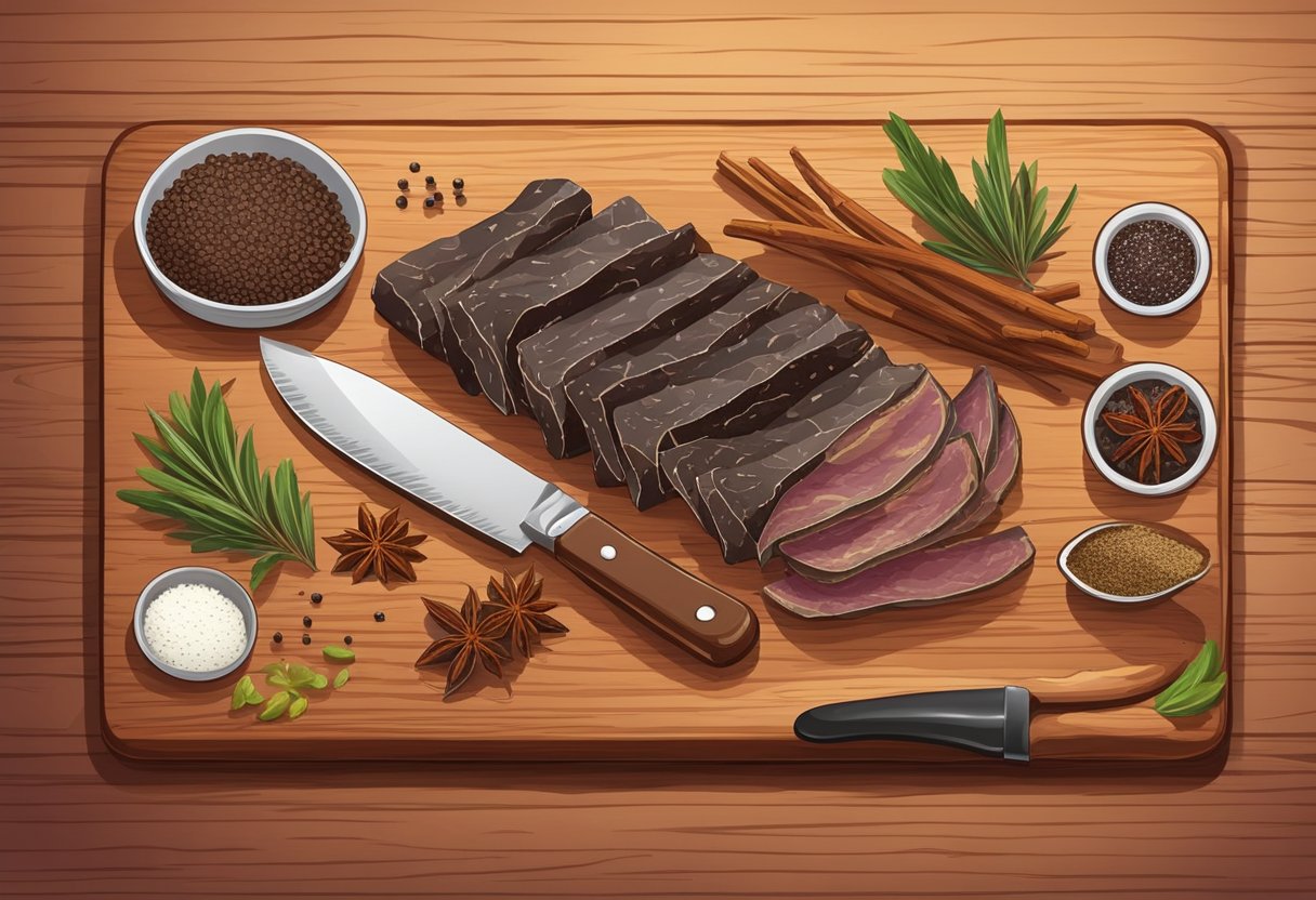 A variety of biltong pieces laid out on a wooden cutting board, with a small knife for slicing and a selection of spices for tasting