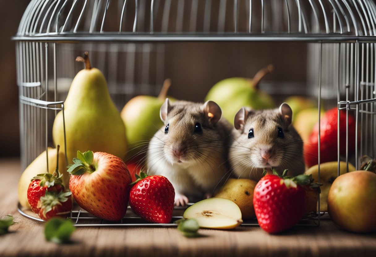 Gerbils nibble on apples, pears, and strawberries in a cozy cage with colorful bedding and a spinning wheel